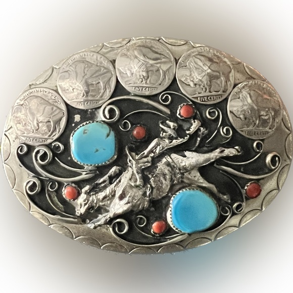 Hand Crafted SQUAW WRAP Signed Silver Belt Buckle Turquoise Coral Cowboy Horse - Picture 1 of 7